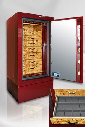 Bordeaux-colored high-gloss safe with the door open