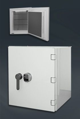 White high-gloss safe with silver handle