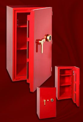 Red high-gloss safe with the door open