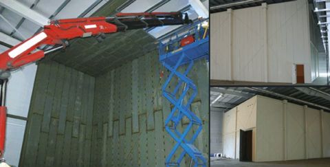 Links, Kran beim Bau, und rechts Bilder vom fertiggestellten Tresorraum